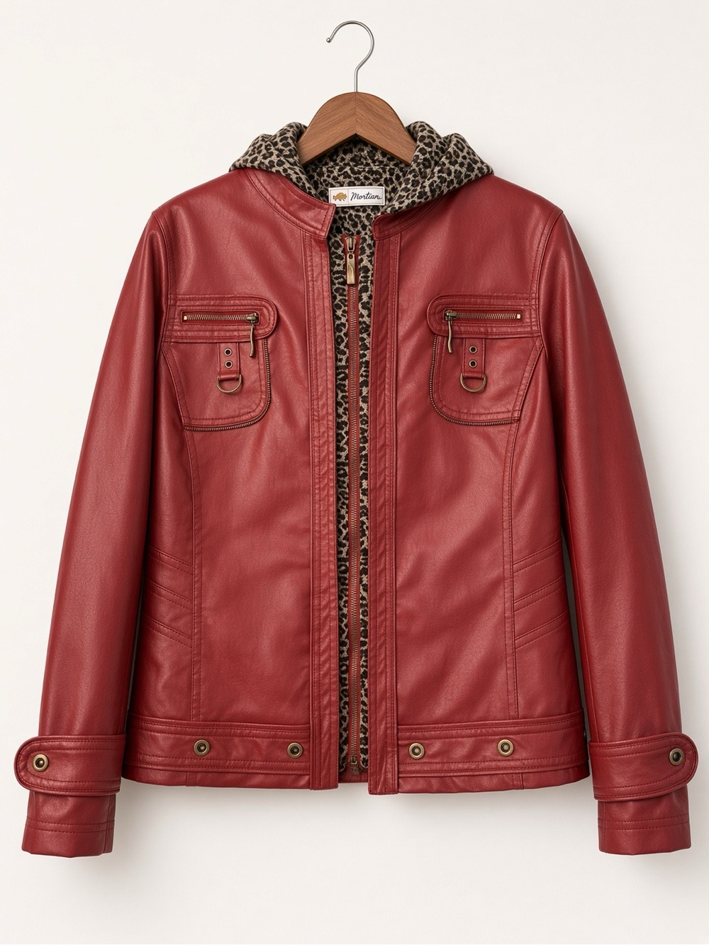 Montana & Co Red Faux Leather Moto Jacket • Leopard Hood Paisley Lining Size M